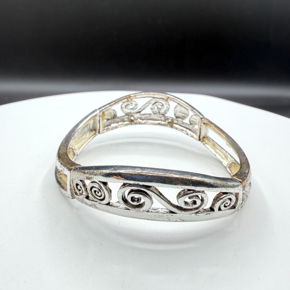 Silver Tone Scrollwork Link Bracelet Openwork Swirl Boho Statement Panel Bangle